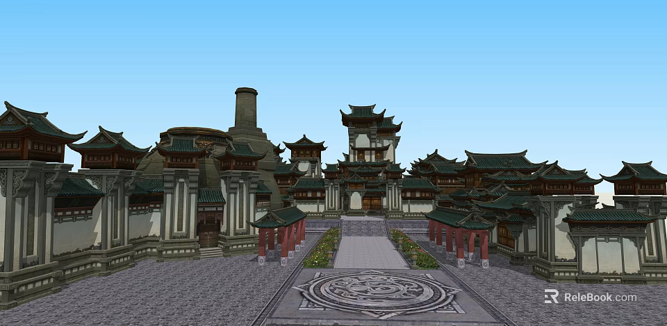 Ancient Chinese Architecture With Traditional Curved Eaves Symmetrical Courtyard And Stone Pavement 3d model 