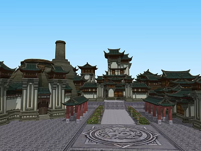 Ancient Chinese Architecture With Traditional Curved Eaves Symmetrical Courtyard And Stone Pavement 3d model