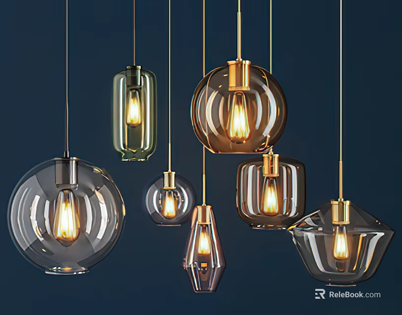 Modern Glass Pendant Lights with Various Geometric Shapes and Warm Illumination 3d model 