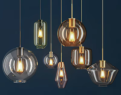 Modern Glass Pendant Lights with Various Geometric Shapes and Warm Illumination 3d model
