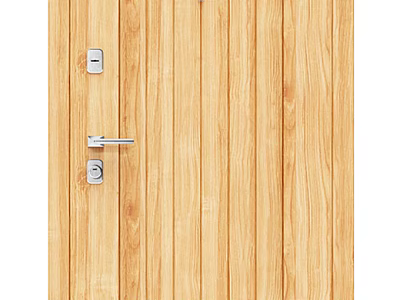 Wooden Swing Door with Vertical Stripes Design and Silver Handle Lock for Home 3d model