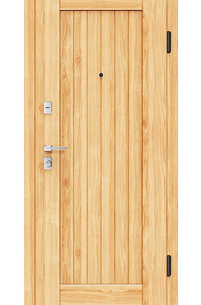 Wooden Swing Door with Vertical Stripes Design and Silver Handle Lock for Home 3d model