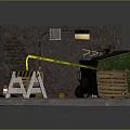 Brick Wall Area With Green Trash Bin Caution Tape Barricade Traffic Cone And Ground Debris