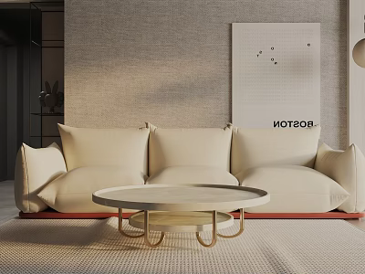 Three Seater Beige Sofa Modern Living With Round Coffee Table Metal Legs Light Gray Wall 3d model