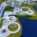 Scenic Park Landscape With Lake Water Area Circular Lawn Features Curved Walkways And Green Trees