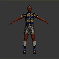 Red Skinned Figure In Intricate Patterned Bodysuit White Socks Colorful Shoes Arms Outstretched Gray Background