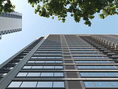 High Rise Residential Building With Multiple Windows Surrounded by Green Trees Under Clear Blue Sky 3d model