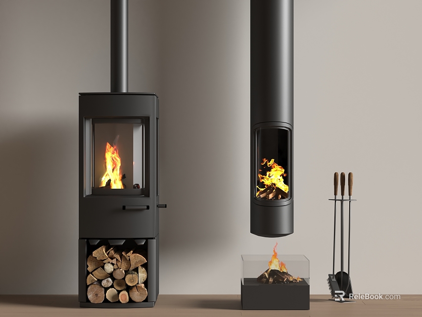 Modern Fireplaces With Freestanding Hanging Burning Flames Stacked Firewood Glass Fire Bowl And Fire Tools 3d model 