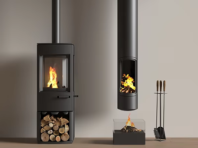 Modern Fireplaces With Freestanding Hanging Burning Flames Stacked Firewood Glass Fire Bowl And Fire Tools 3d model