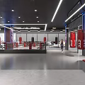 Modern Boxing Training Gym With Red Ring Punching Bags Posters And Bright Lights