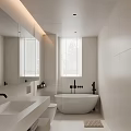 Modern Minimalist Bathroom Interior Design With Large Mirror Window Blinds Freestanding Bathtub And White Sink
