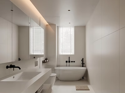 Modern Minimalist Bathroom Interior Design With Large Mirror Window Blinds Freestanding Bathtub And White Sink 3d model