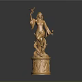 Golden Female Statue With Bird In Hand And Decorative Pedestal