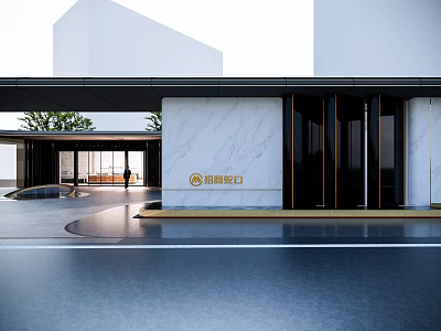 Modern Entrance Gate of White Building with Marble Wall and Black Doors Featuring Golden Logo 3d model