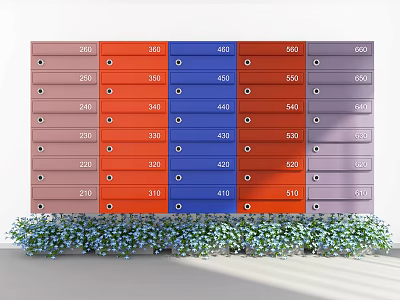 Public Facility Colorful Numbered Mailboxes Arranged in Rows With Green Plants Underneath 3d model
