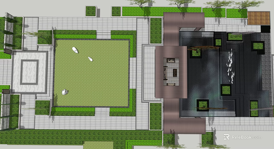 Garden Landscape Design With Symmetrical Lawn Stone Pathways And Water Feature 3d model 