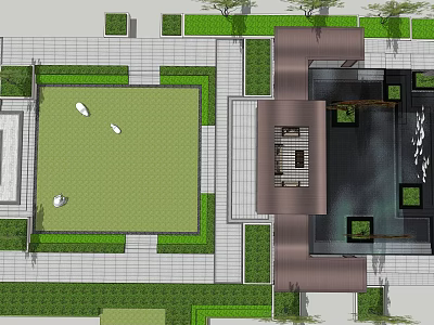 Garden Landscape Design With Symmetrical Lawn Stone Pathways And Water Feature 3d model