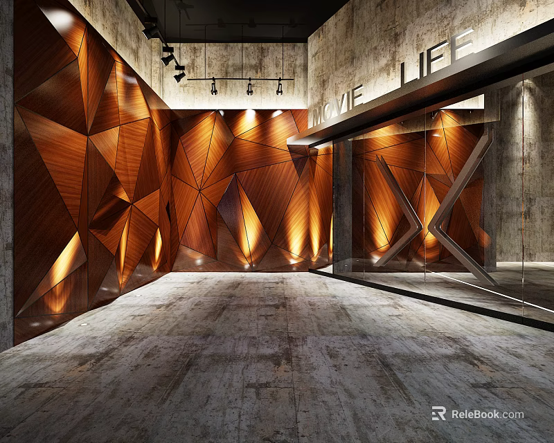 Modern Elevator Hallway With Geometric Wall Design And Ambient Lighting Features 3d model