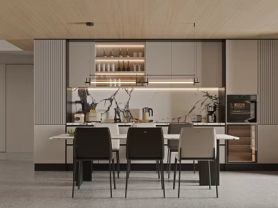 Modern Minimalist Dining Restaurant With Comfortable Dining Chairs Integrated Open Kitchen And Elegant Marble Backdrop 3d model