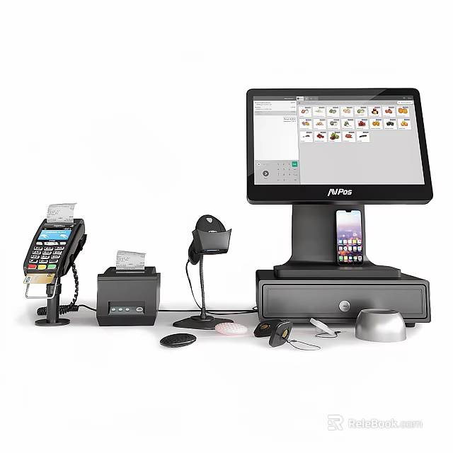 Commercial POS Retail Equipment with Touchscreen Monitor Cash Drawer Receipt Printer and Scanner 3d model 