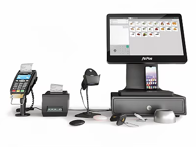 Commercial POS Retail Equipment with Touchscreen Monitor Cash Drawer Receipt Printer and Scanner 3d model