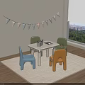 Colorful Kids Table with Green Blue Orange Chairs Bunting Flags and Window View on Rug