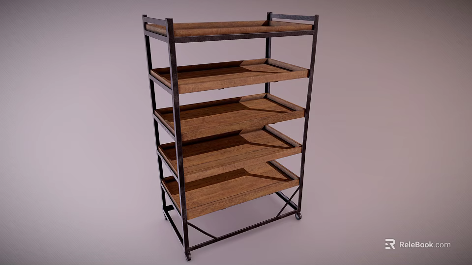 Four Tier Wooden Shelf Unit With Metal Frame Modern Storage Solution 3d model 