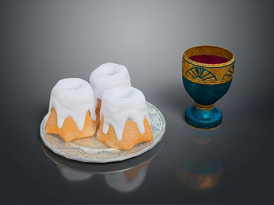 Delicious White Frosting Topped Pastries on Silver Plate and Blue Gold Cup with Red Drink 3d model