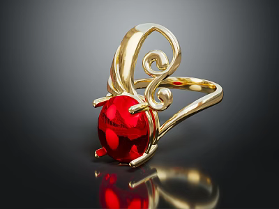 Gold Ring With Red Gemstone Curved Filigree Design And Shiny Surface 3d model