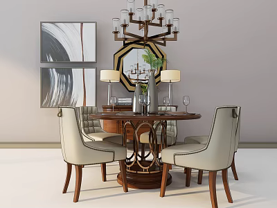 Modern Round Wooden Dining Table Set With Beige Chairs And Hanging Chandelier 3d model