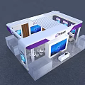 Modern Exhibition Booth Design With White Canopy Purple Accents Digital Screens And Seating