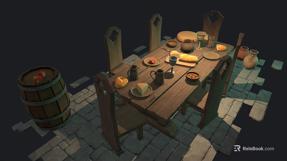 Rustic Wooden Dining Table Set With Chairs Bowls Glasses Fruits And Barrel On Stone Tiles 3d model 