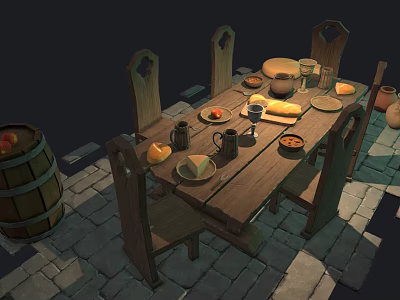 Rustic Wooden Dining Table Set With Chairs Bowls Glasses Fruits And Barrel On Stone Tiles 3d model