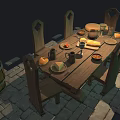 Rustic Wooden Dining Table Set With Chairs Bowls Glasses Fruits And Barrel On Stone Tiles