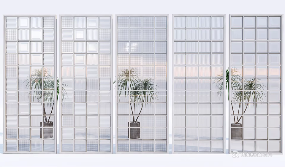 Modern Glass Room Divider With White Grid Frames And Palm Plants 3d model