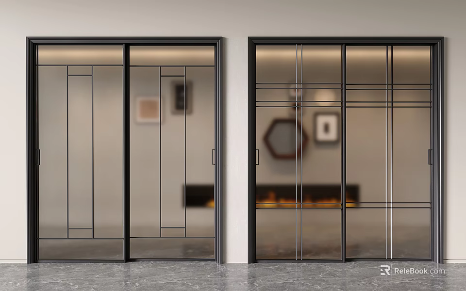 Modern Sliding Doors With Black Frames And Glass In Contemporary Interior With Fireplace And Decor 3d model 