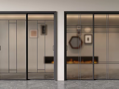 Modern Sliding Doors With Black Frames And Glass In Contemporary Interior With Fireplace And Decor 3d model