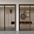 Modern Sliding Doors With Black Frames And Glass In Contemporary Interior With Fireplace And Decor