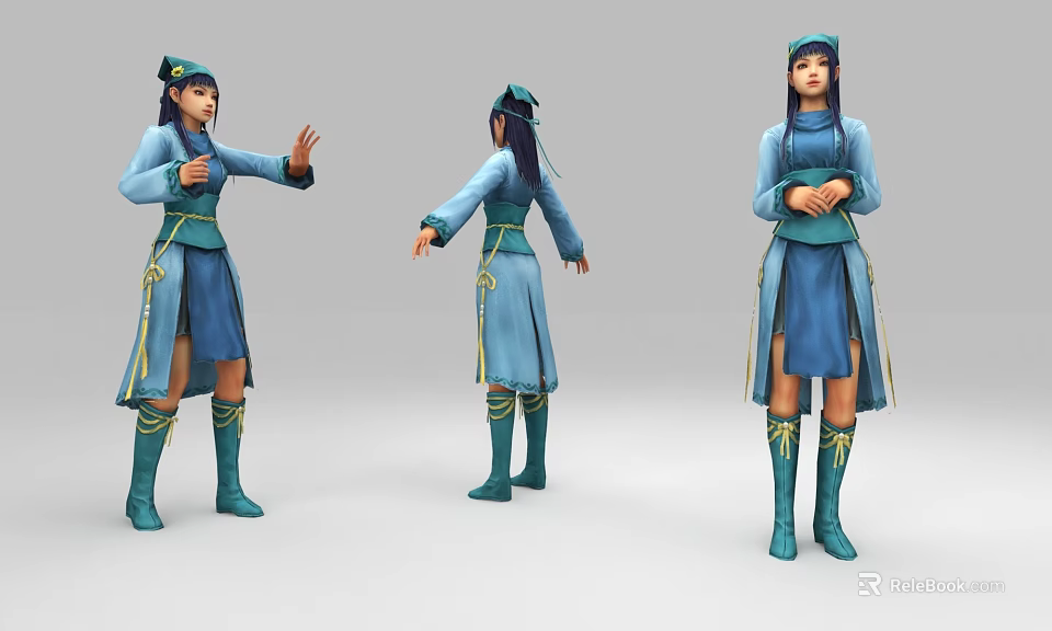 Game Movie Character in Blue Green Top Skirt and Green Boots Front Back Side Views 3d model 