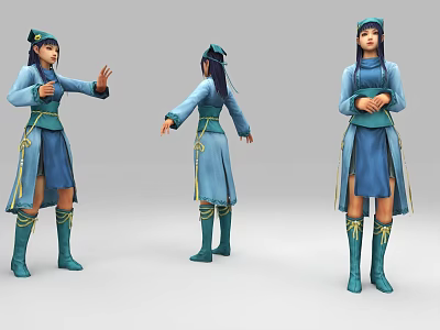 Game Movie Character in Blue Green Top Skirt and Green Boots Front Back Side Views 3d model