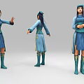 Game Movie Character in Blue Green Top Skirt and Green Boots Front Back Side Views