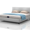 Modern Double Bed with Grey Upholstered Headboard Two Beige Pillows Blue Throw Blanket Black Legs
