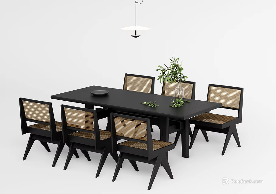 Modern Black Solid Wood Dining Table Set With Rattan Woven Chairs For Stylish Home Decor 3d model 