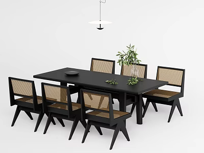 Modern Black Solid Wood Dining Table Set With Rattan Woven Chairs For Stylish Home Decor 3d model