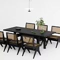 Modern Black Solid Wood Dining Table Set With Rattan Woven Chairs For Stylish Home Decor