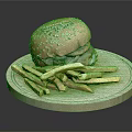 Juicy Beef Burger With Sesame Seed Bun And Crispy Fries On Wooden Plate