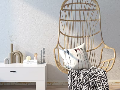 Stylish Rattan Hanging Chair With Decorative Pillow And Blanket By White Side Table 3d model