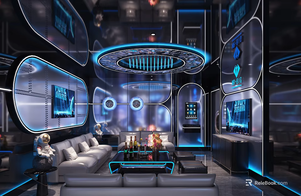 Modern KTV Lounge With Blue Lighting Sofa TV Screens And Astronaut Decor 3d model 