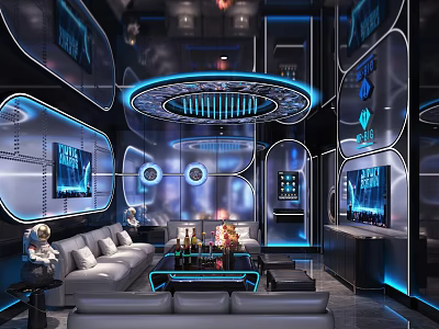 Modern KTV Lounge With Blue Lighting Sofa TV Screens And Astronaut Decor 3d model