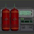 Red Gas Cylinders With Radioactive Signs And Green Display Control Equipment